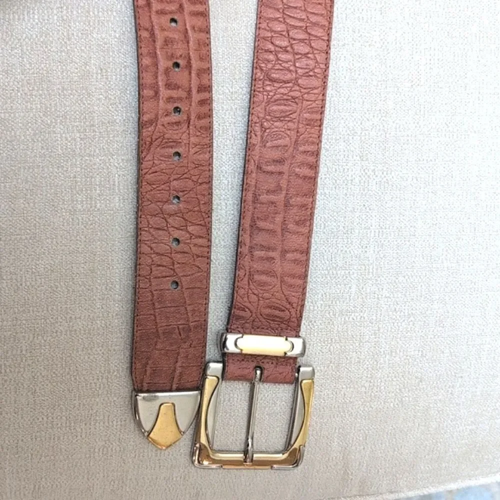 Genuine Leather Croc Embossed Brown Belt Gold & Silver Buckle and Tip Vintage